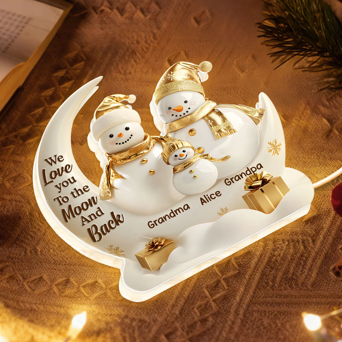 Golden Snowman Grandparents And Grandkid - Personalized Light Box - Image 3