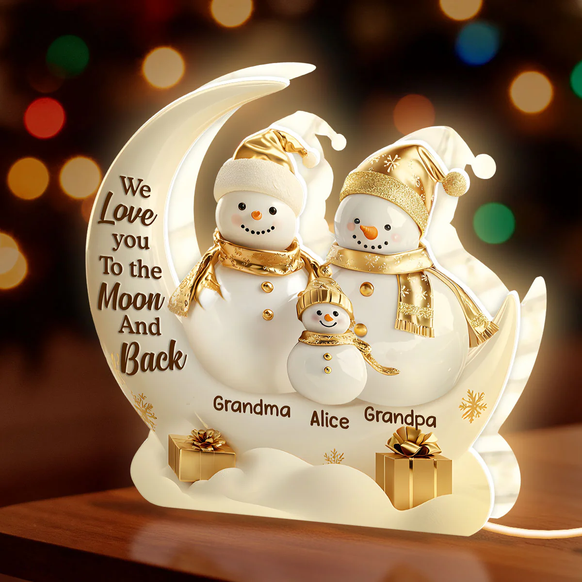 Golden Snowman Grandparents And Grandkid - Personalized Light Box - Image 4