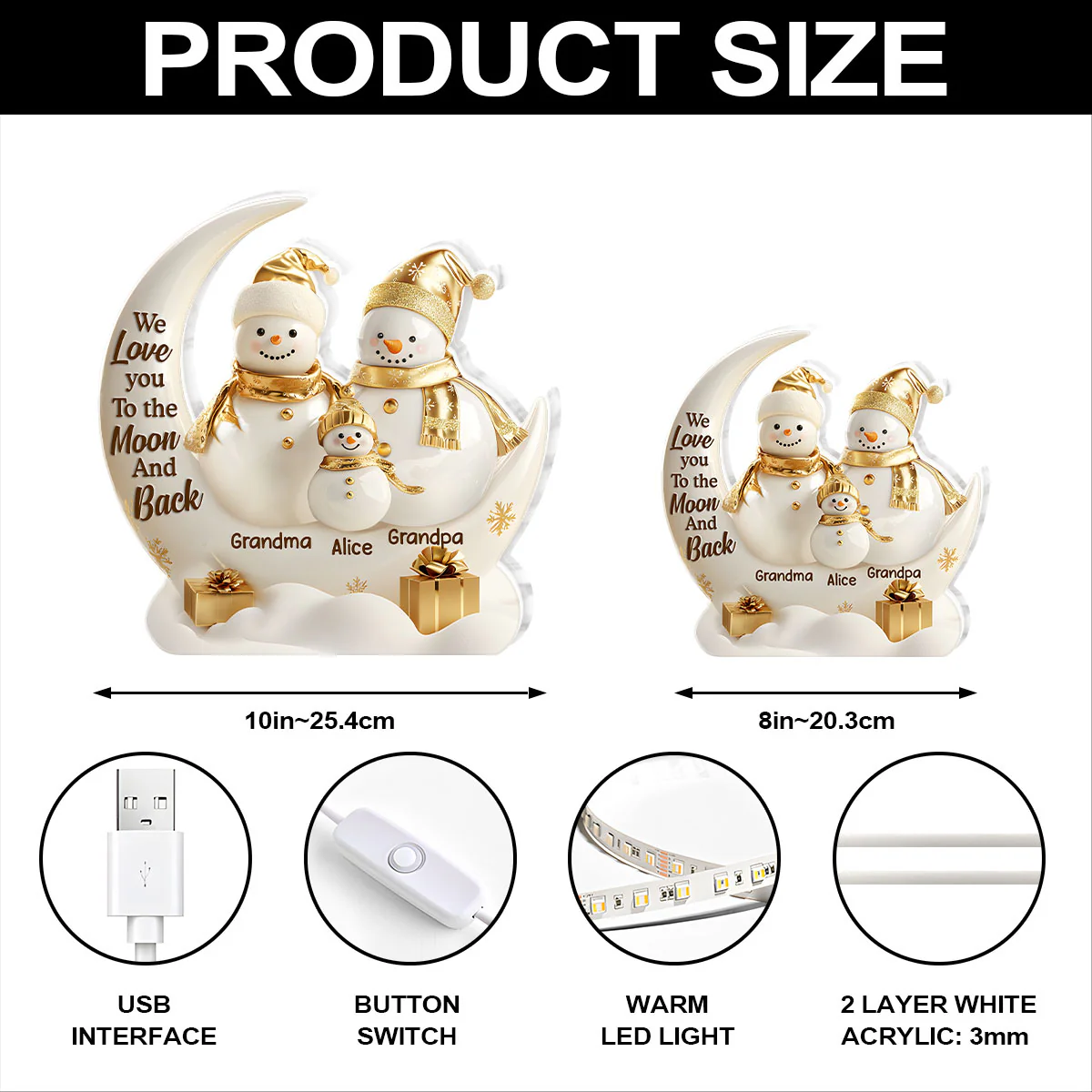 Golden Snowman Grandparents And Grandkid - Personalized Light Box - Image 5