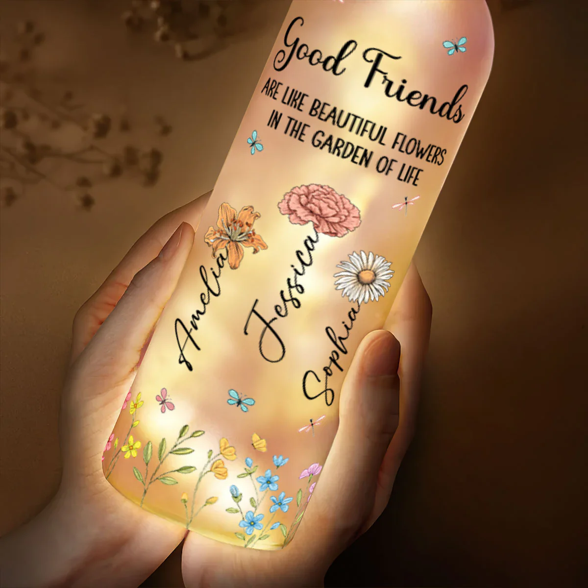 Good Friends Are Like Beautiful Flowers In The Garden Of Life - Personalized Bottle Lamp - Image 3