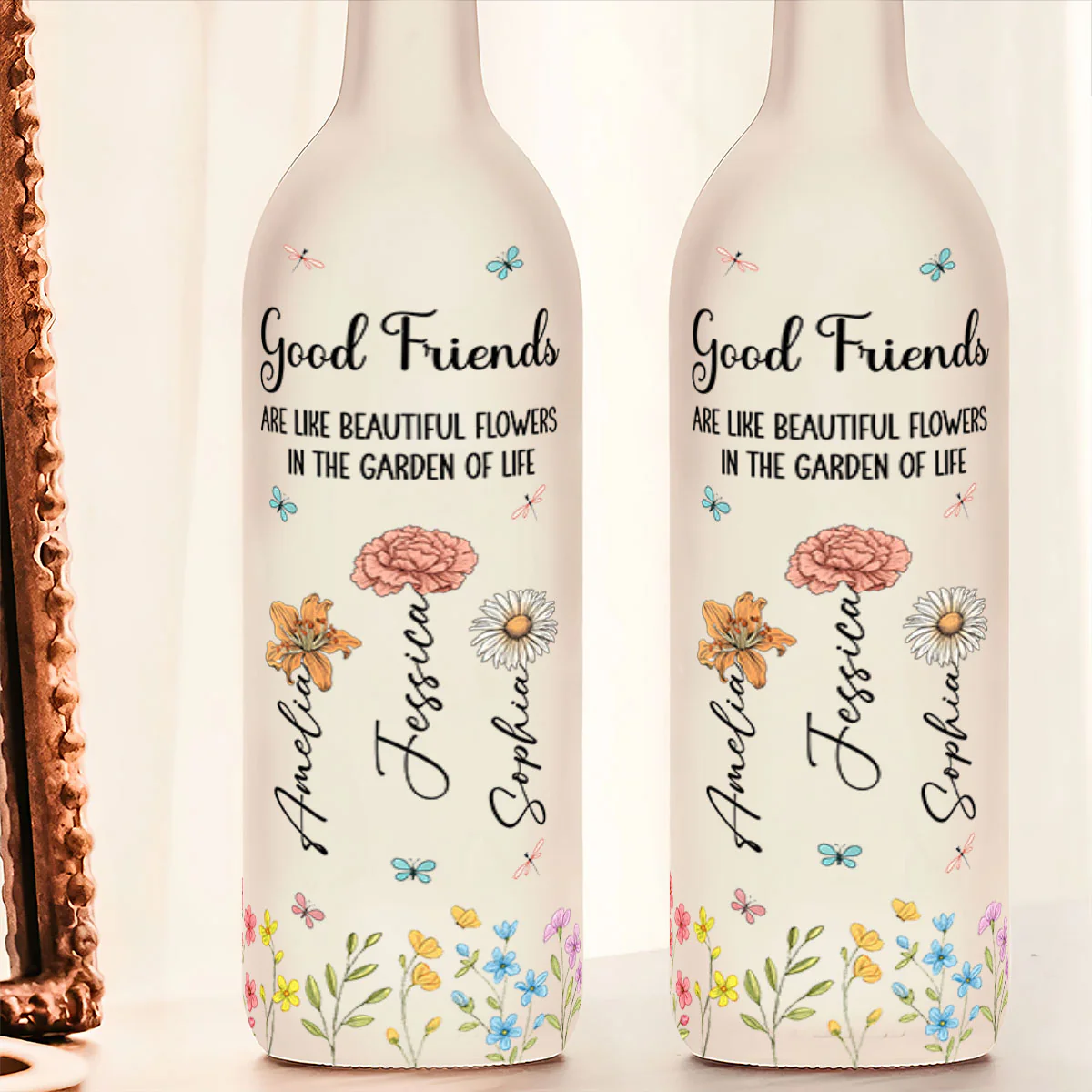 Good Friends Are Like Beautiful Flowers In The Garden Of Life - Personalized Bottle Lamp - Image 4
