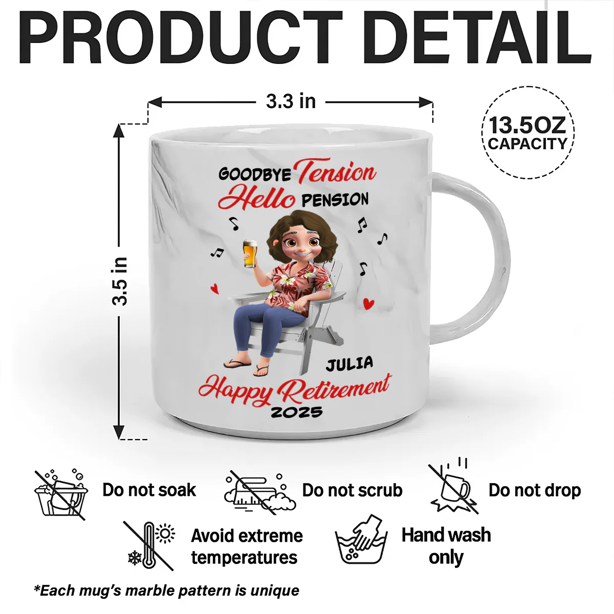 Goodbye Tension Hello Pension - Personalized Marble Mug - Image 6