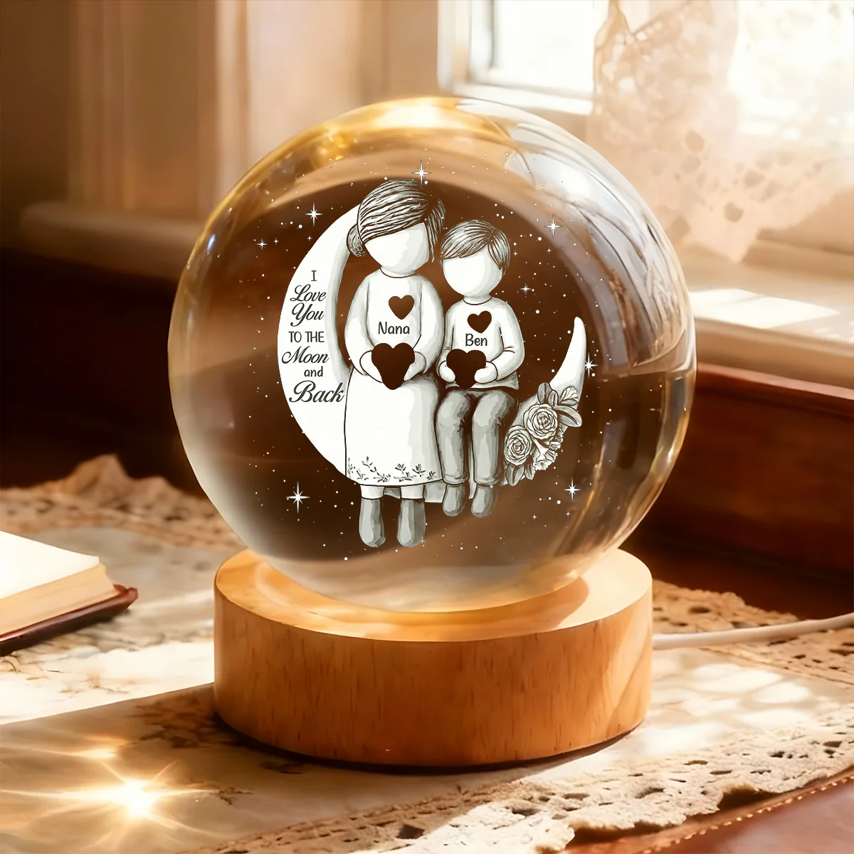 Grandma And Grandchild Moon Love - Personalized Crystal Ball Night Light - Image 4