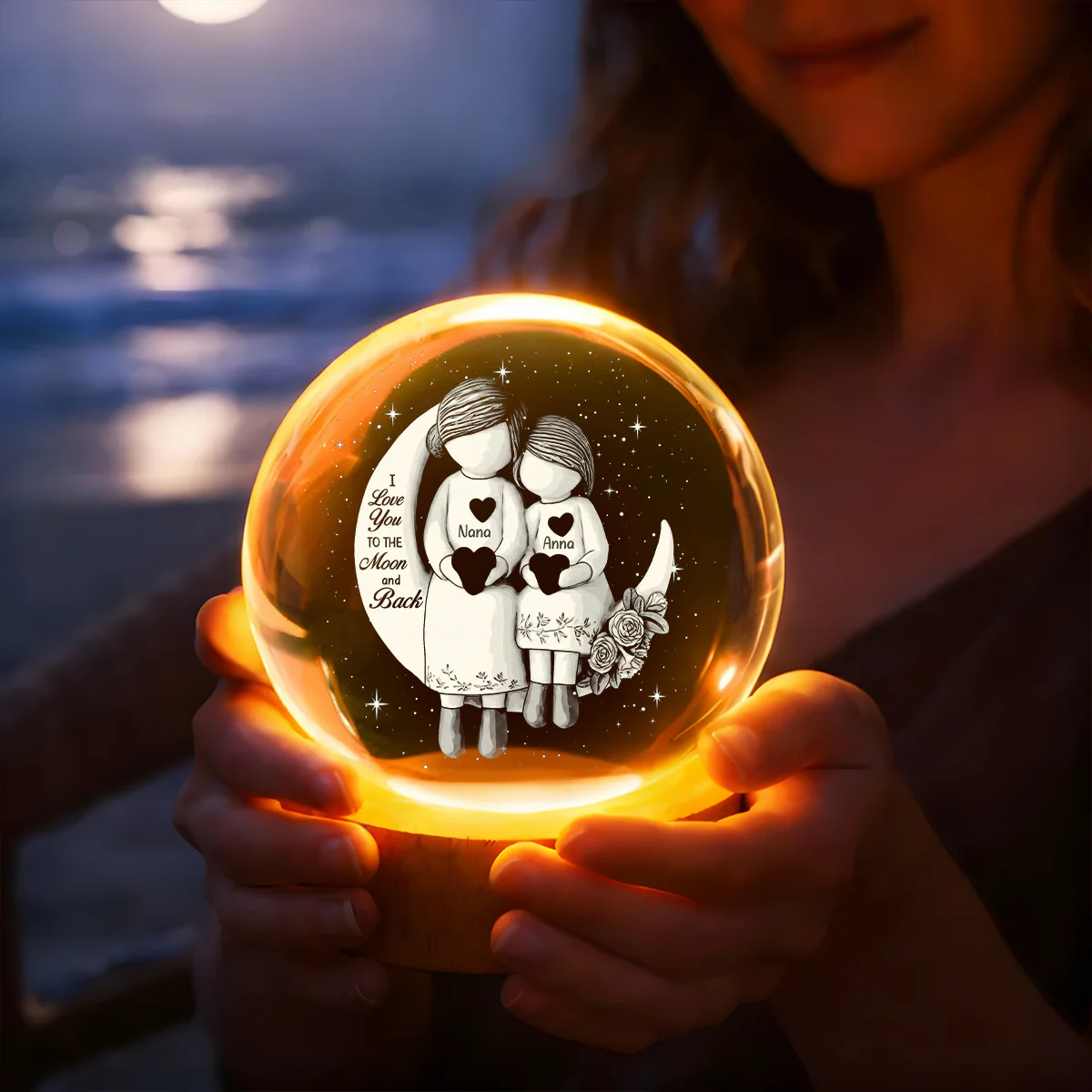 Grandma And Grandchild Moon Love - Personalized Crystal Ball Night Light - Image 5