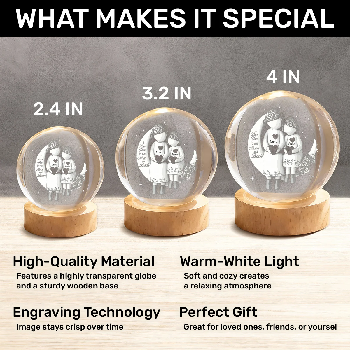 Grandma And Grandchild Moon Love - Personalized Crystal Ball Night Light - Image 8