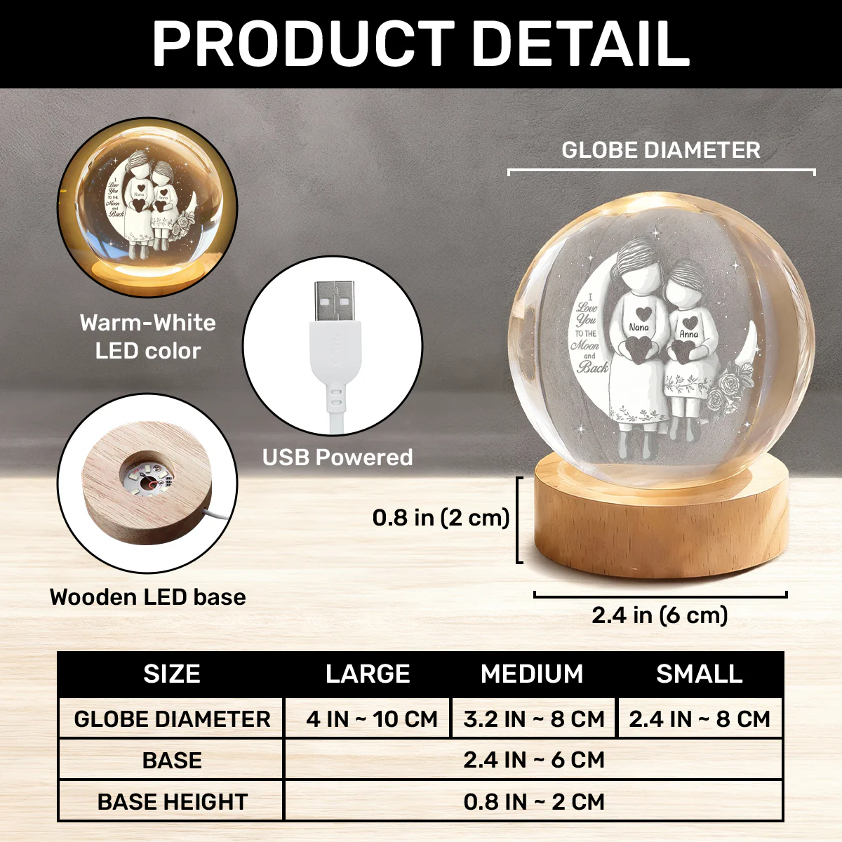 Grandma And Grandchild Moon Love - Personalized Crystal Ball Night Light - Image 9