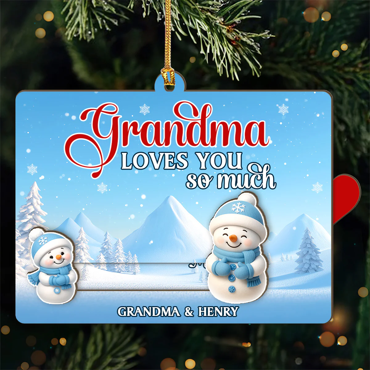 Grandma And Grandchild Snowman Love - Personalized Wooden Slider Ornament