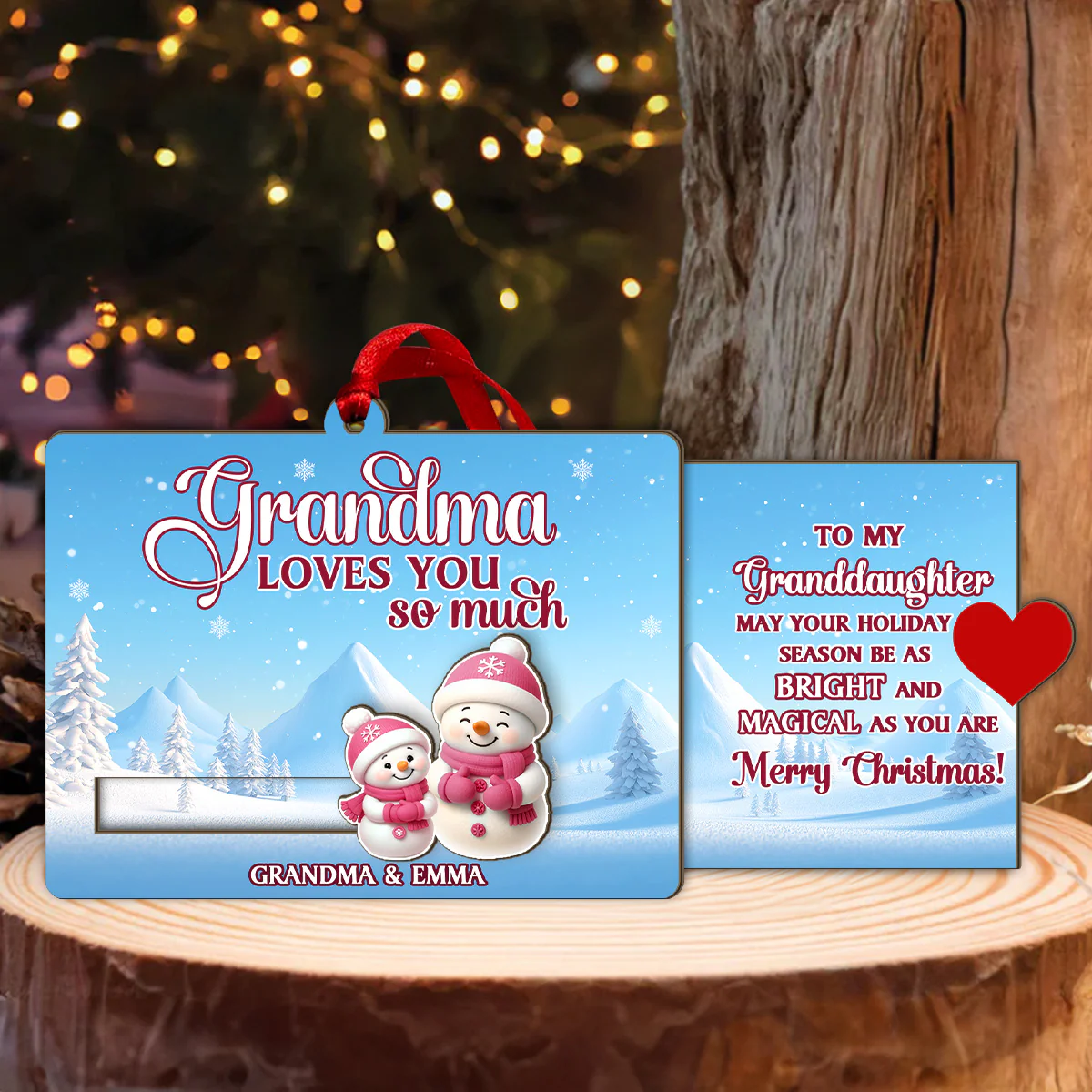 Grandma And Grandchild Snowman Love - Personalized Wooden Slider Ornament - Image 2