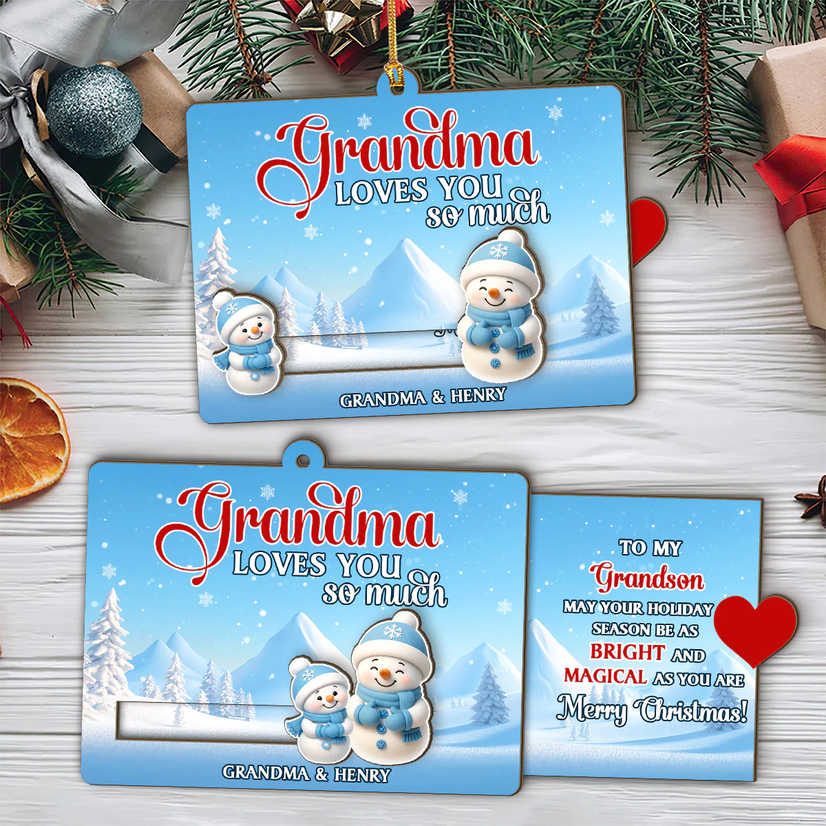 Grandma And Grandchild Snowman Love - Personalized Wooden Slider Ornament - Image 3