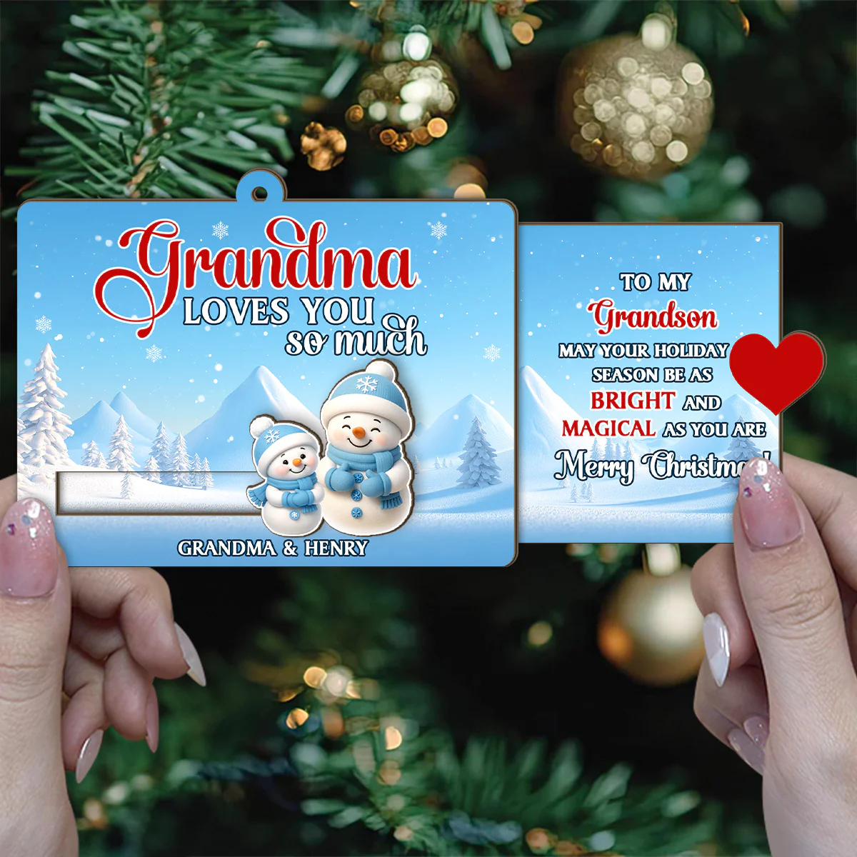 Grandma And Grandchild Snowman Love - Personalized Wooden Slider Ornament - Image 4