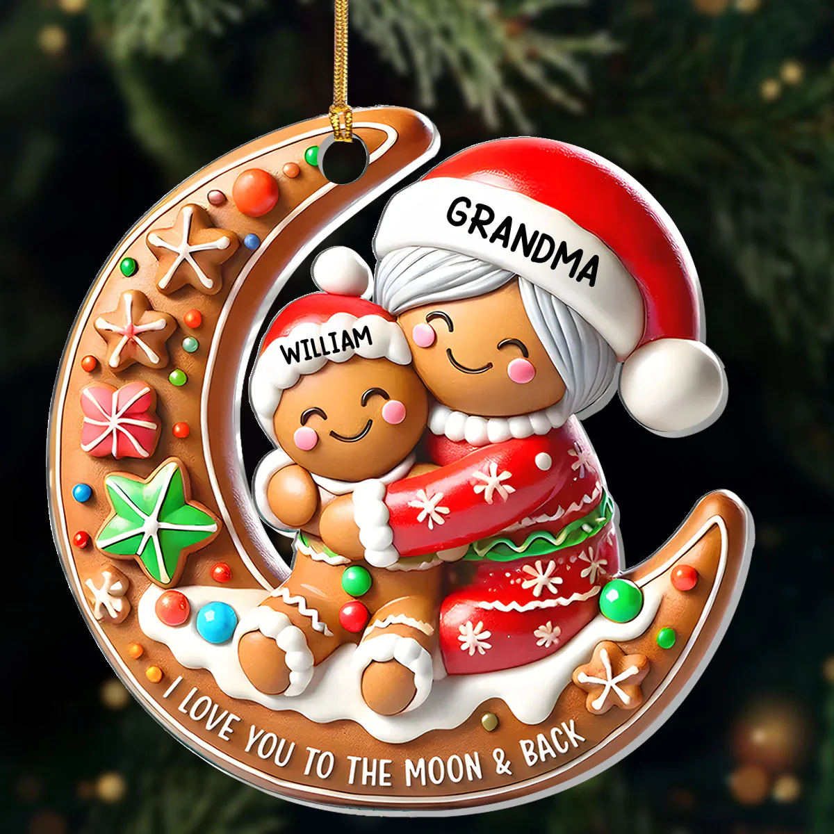 Grandma & Grandchild Gingerbread Moon Hug - Personalized 1-Layer Acrylic Ornament