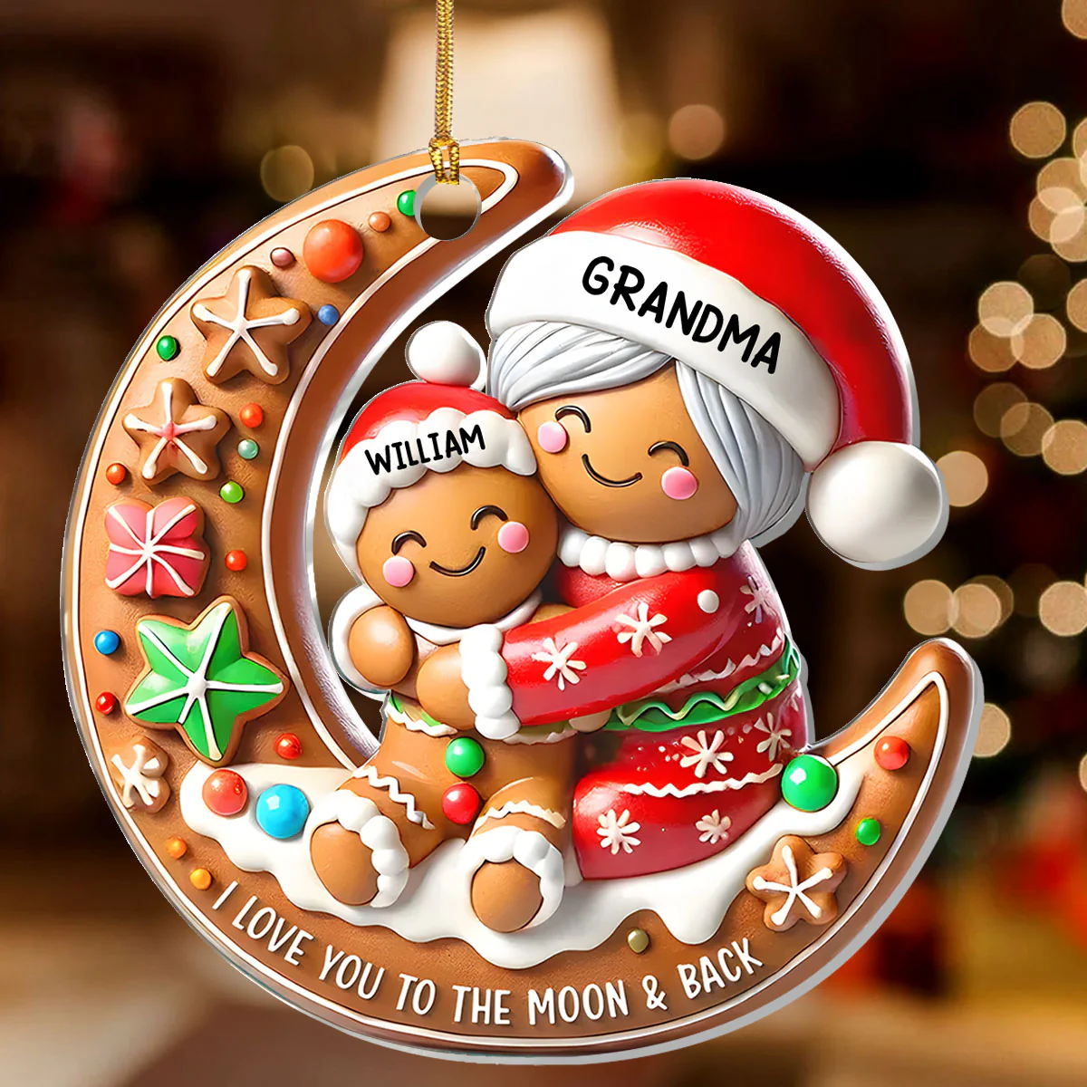 Grandma & Grandchild Gingerbread Moon Hug - Personalized 1-Layer Acrylic Ornament - Image 2