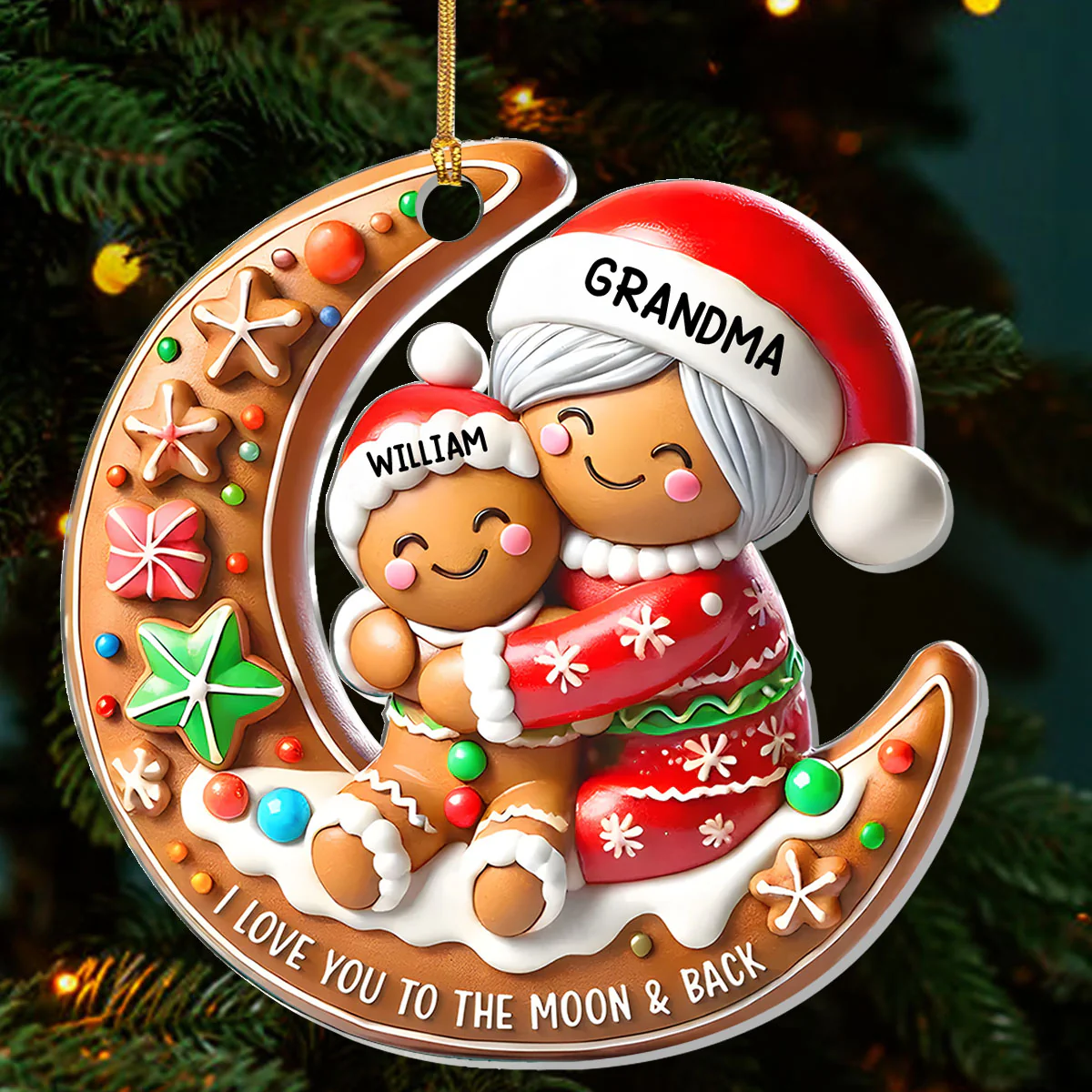 Grandma & Grandchild Gingerbread Moon Hug - Personalized 1-Layer Acrylic Ornament - Image 3