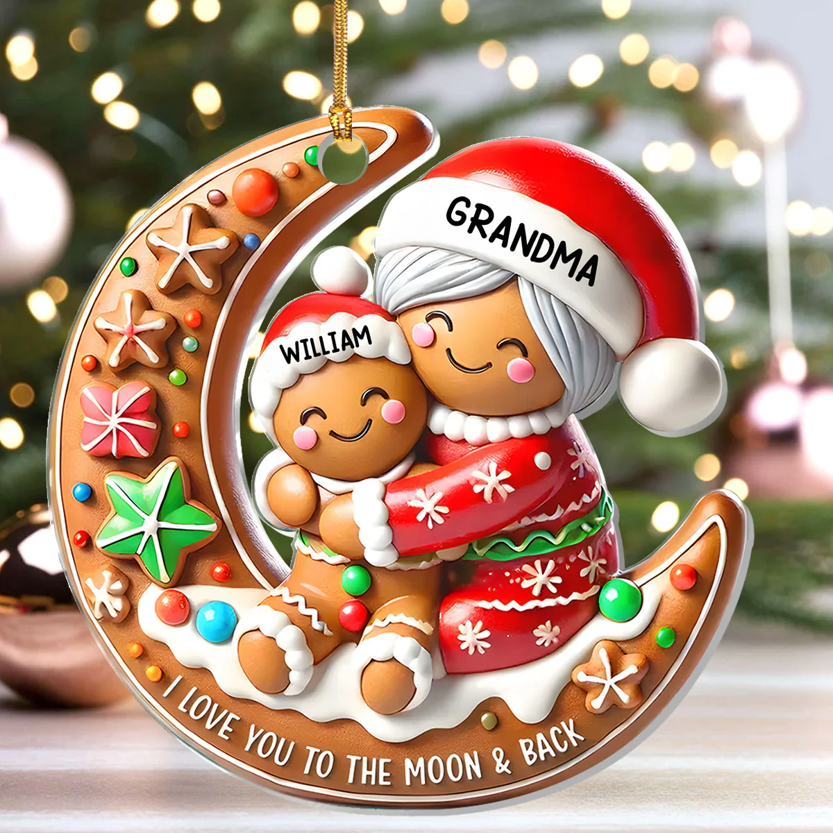 Grandma & Grandchild Gingerbread Moon Hug - Personalized 1-Layer Acrylic Ornament - Image 4
