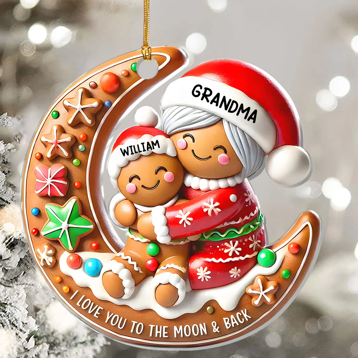 Grandma & Grandchild Gingerbread Moon Hug - Personalized 1-Layer Acrylic Ornament - Image 5