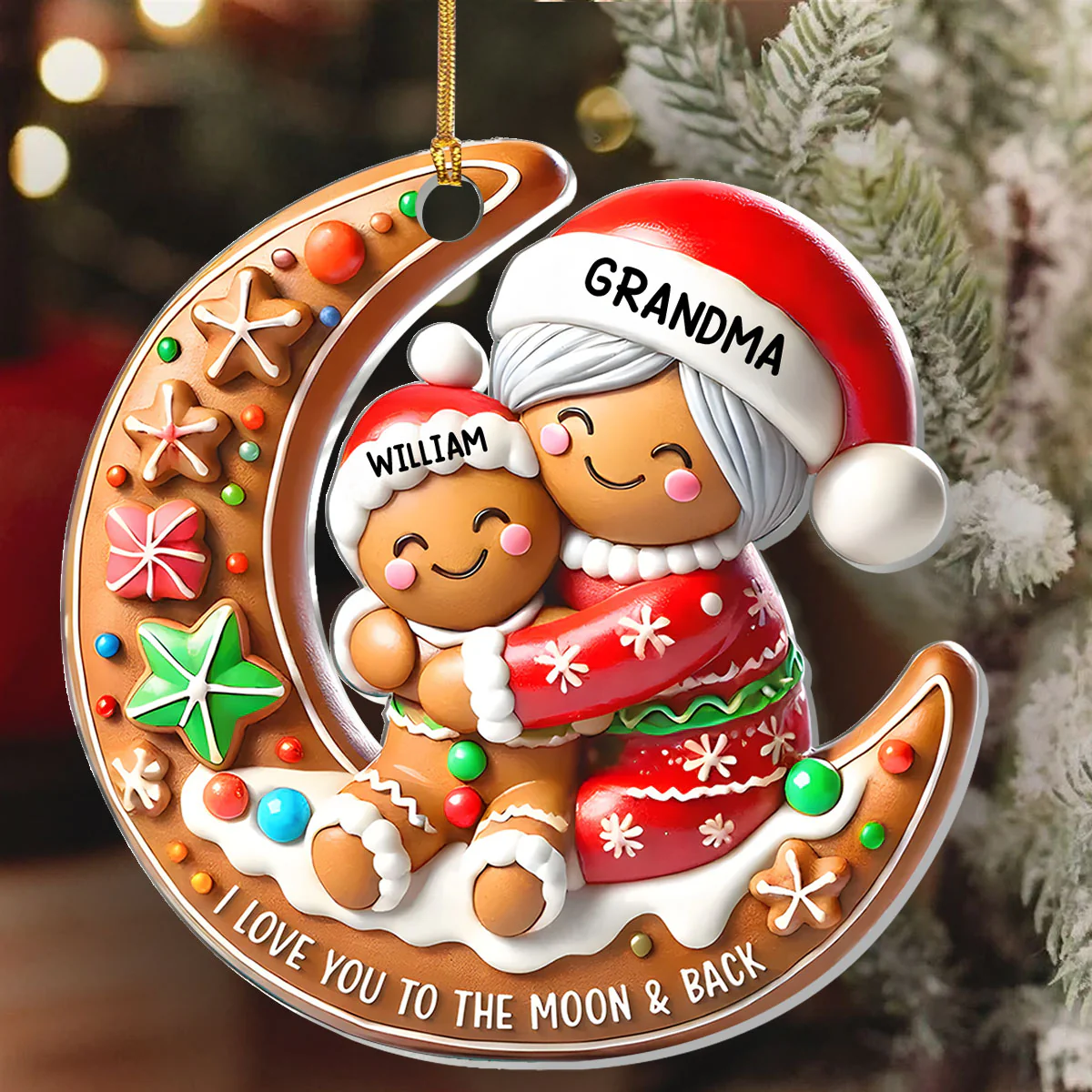 Grandma & Grandchild Gingerbread Moon Hug - Personalized 1-Layer Acrylic Ornament - Image 6