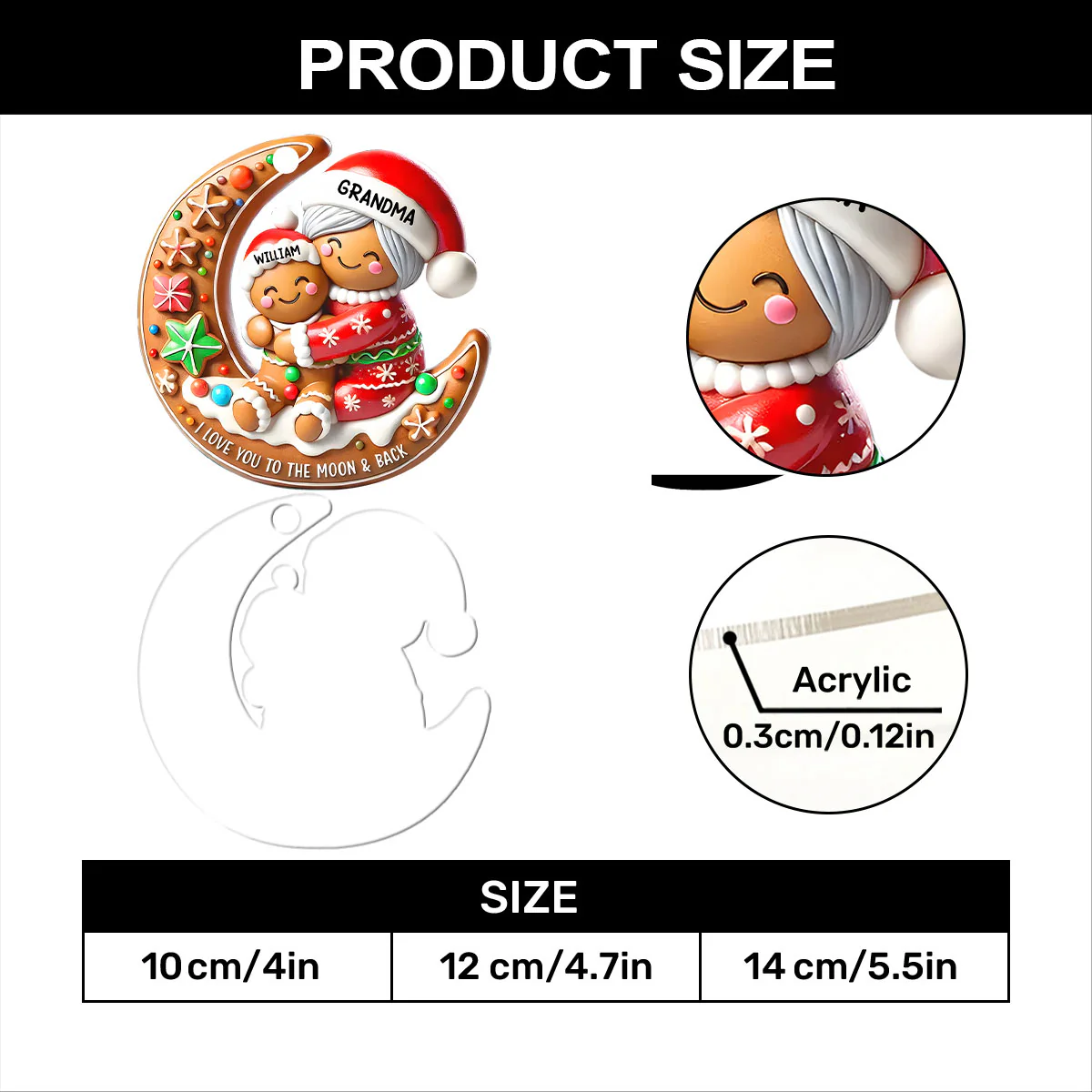 Grandma & Grandchild Gingerbread Moon Hug - Personalized 1-Layer Acrylic Ornament - Image 7