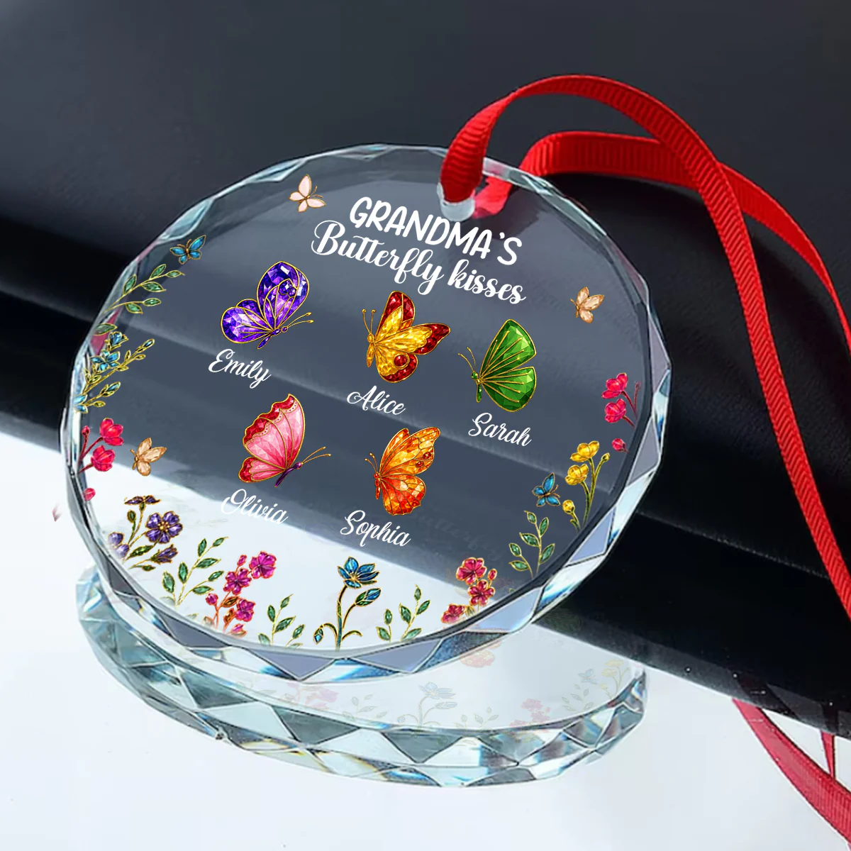 Grandma Kisses - Personalized Round Shaped Glass Ornament - Image 2