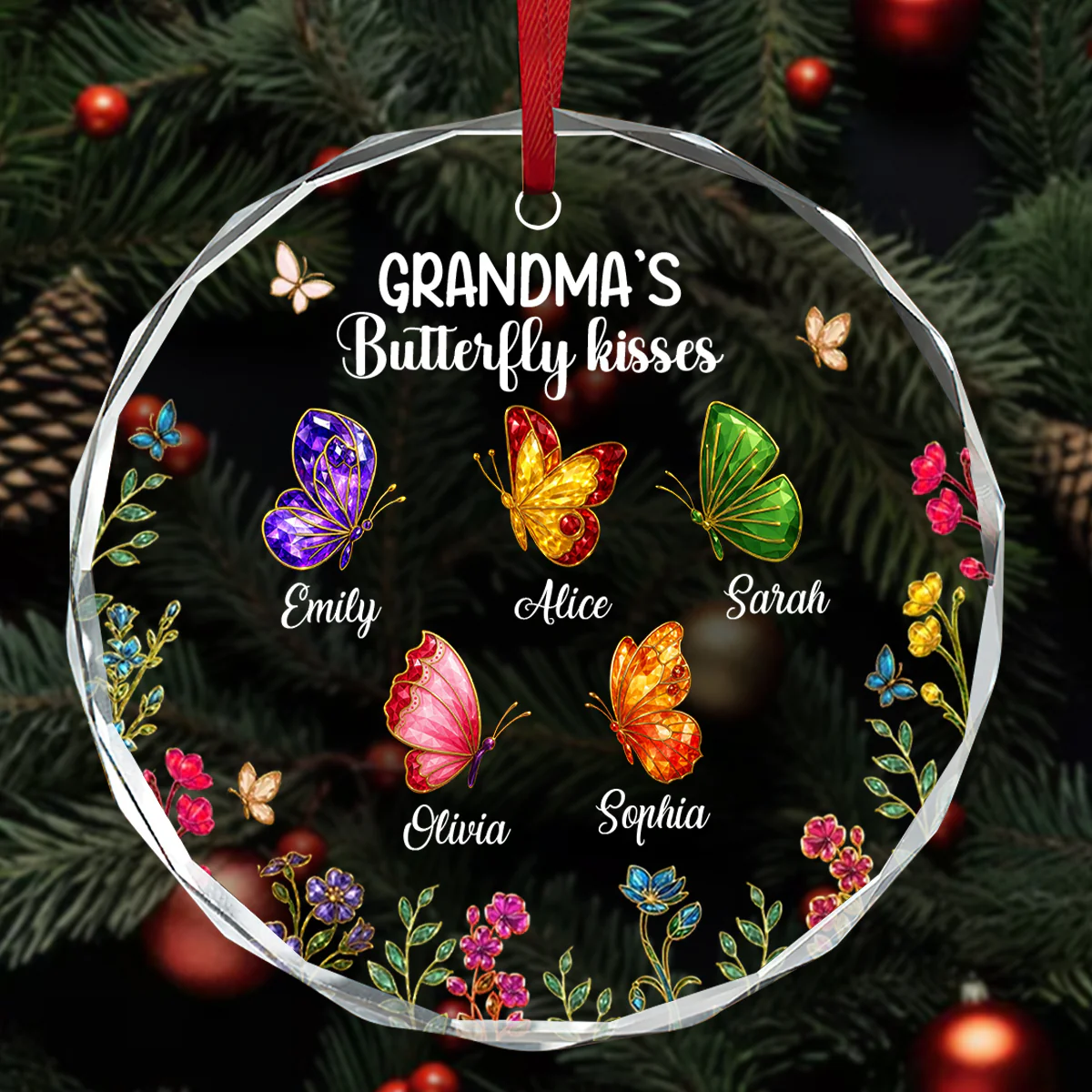 Grandma Kisses - Personalized Round Shaped Glass Ornament - Image 3