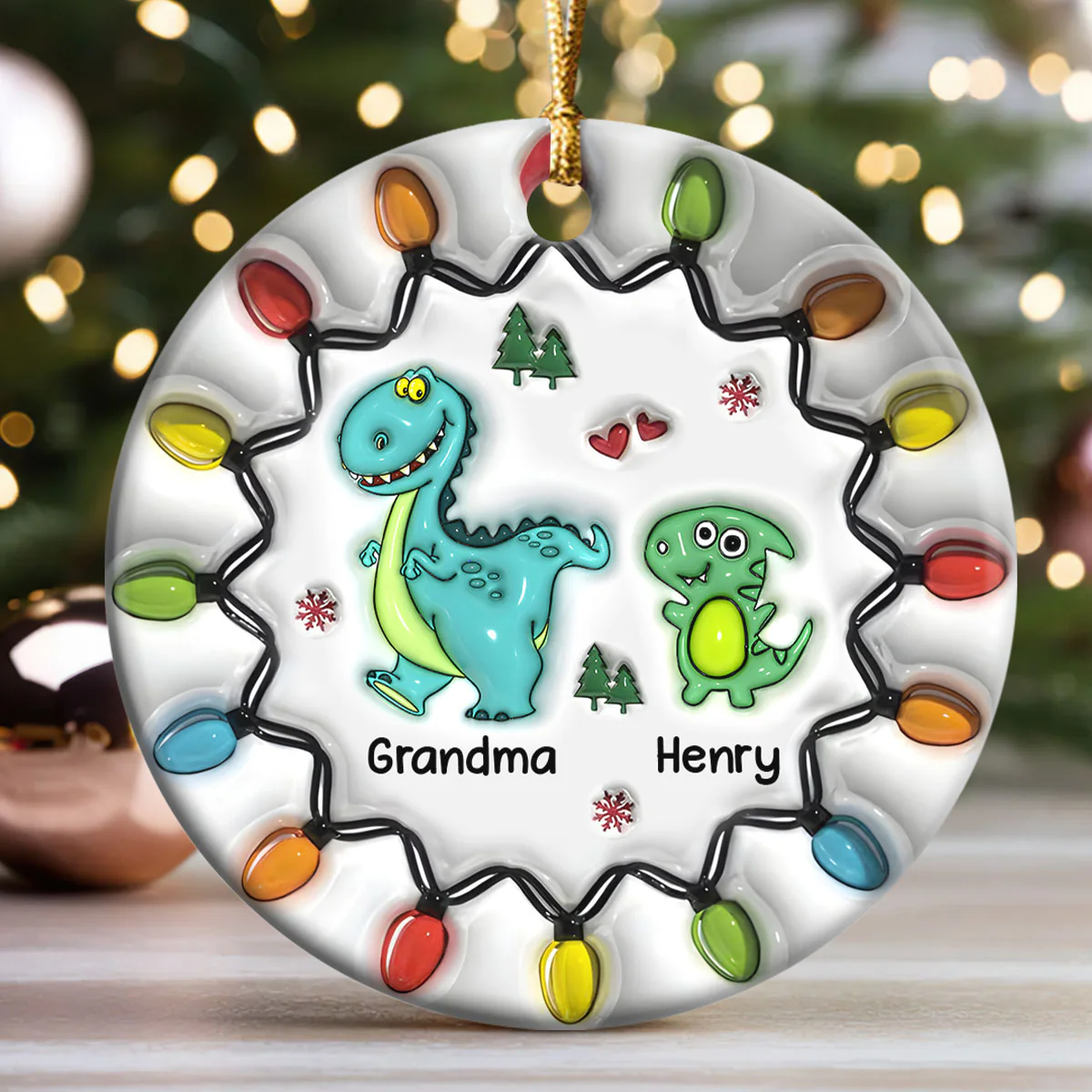 Grandma & Me Dino Adventure - Personalized Round Shaped Ceramic Ornament - Image 3