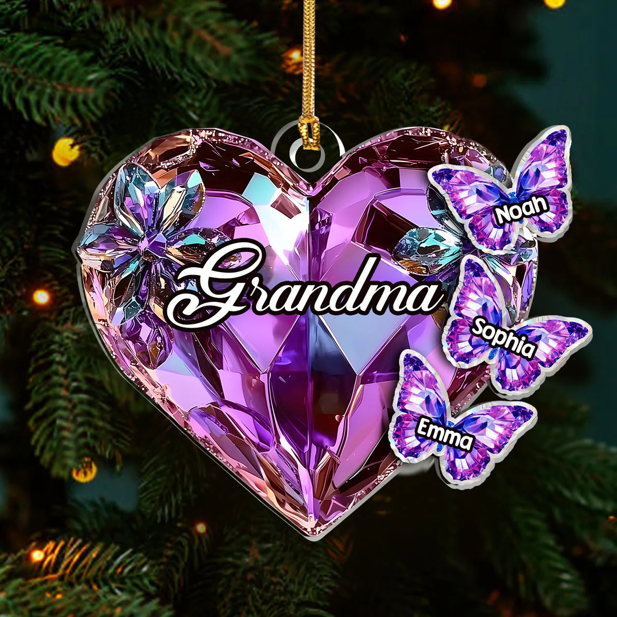 Grandma Mom Crystal Heart And Butterflies - Personalized 1-Layer Acrylic Ornament - Image 3