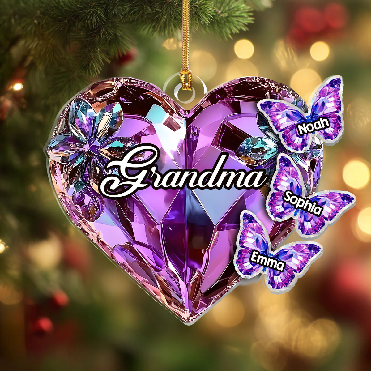 Grandma Mom Crystal Heart And Butterflies - Personalized 1-Layer Acrylic Ornament - Image 4