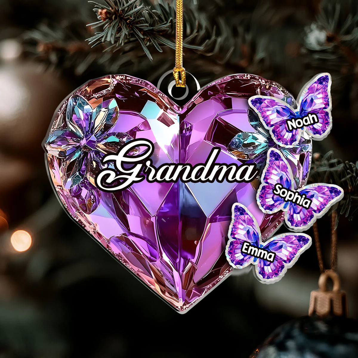 Grandma Mom Crystal Heart And Butterflies - Personalized 1-Layer Acrylic Ornament - Image 6