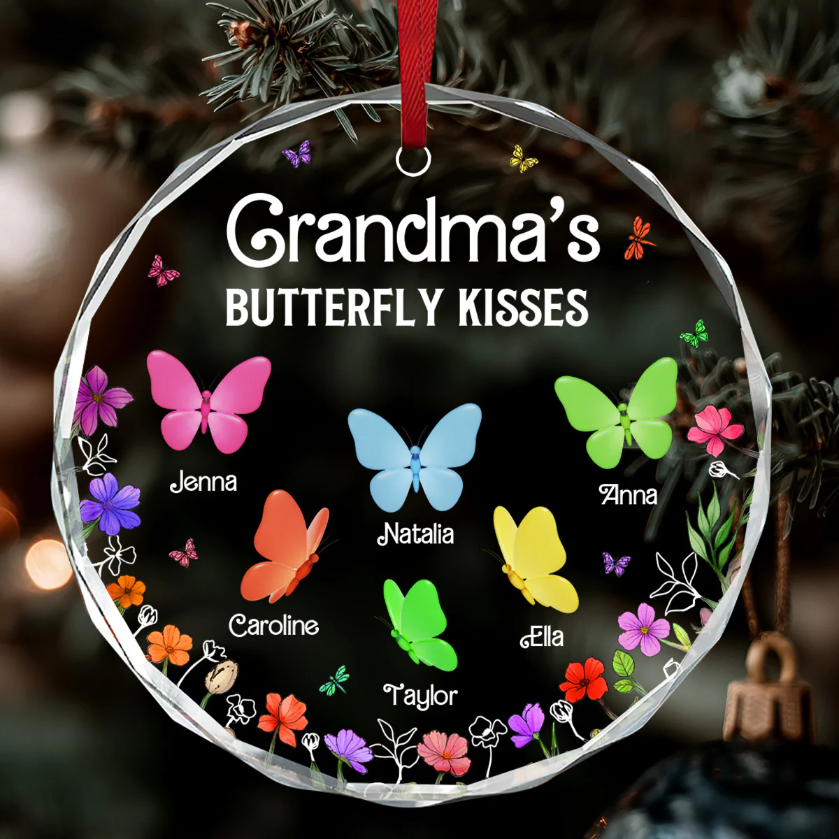 Grandma's Butterfly Kisses - Personalized Round Shaped Glass Ornament - Image 2