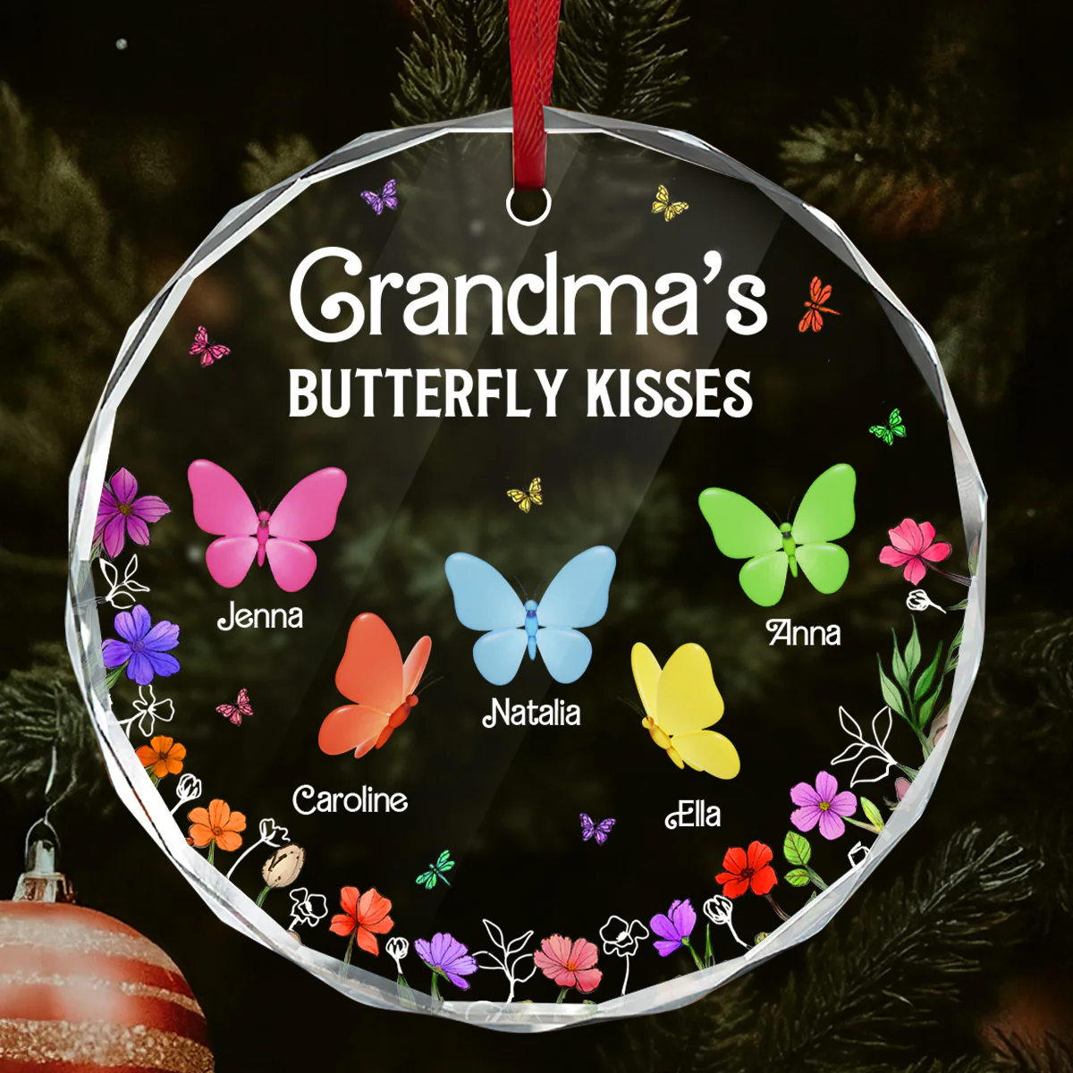 Grandma's Butterfly Kisses - Personalized Round Shaped Glass Ornament - Image 3