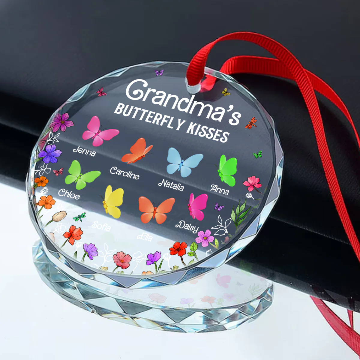 Grandma's Butterfly Kisses - Personalized Round Shaped Glass Ornament - Image 4