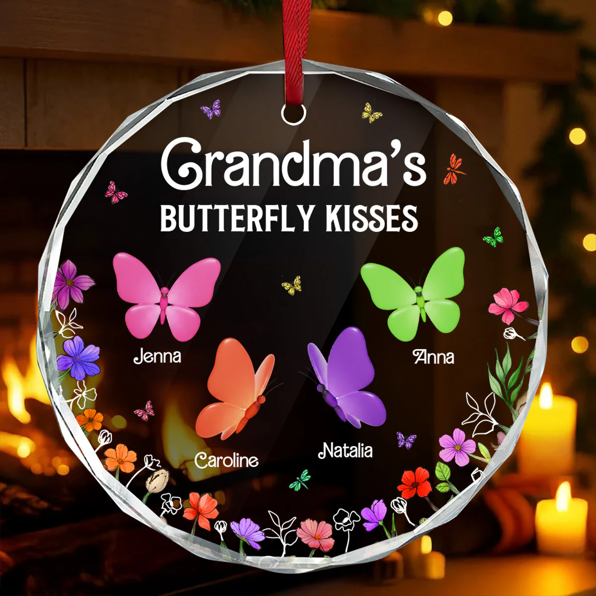 Grandma's Butterfly Kisses - Personalized Round Shaped Glass Ornament - Image 5