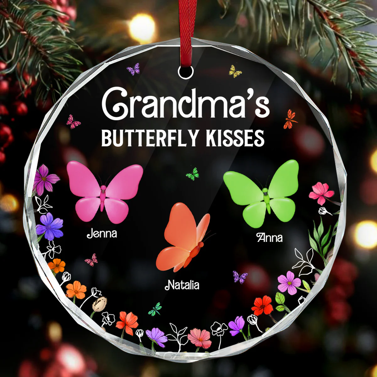 Grandma's Butterfly Kisses - Personalized Round Shaped Glass Ornament - Image 6