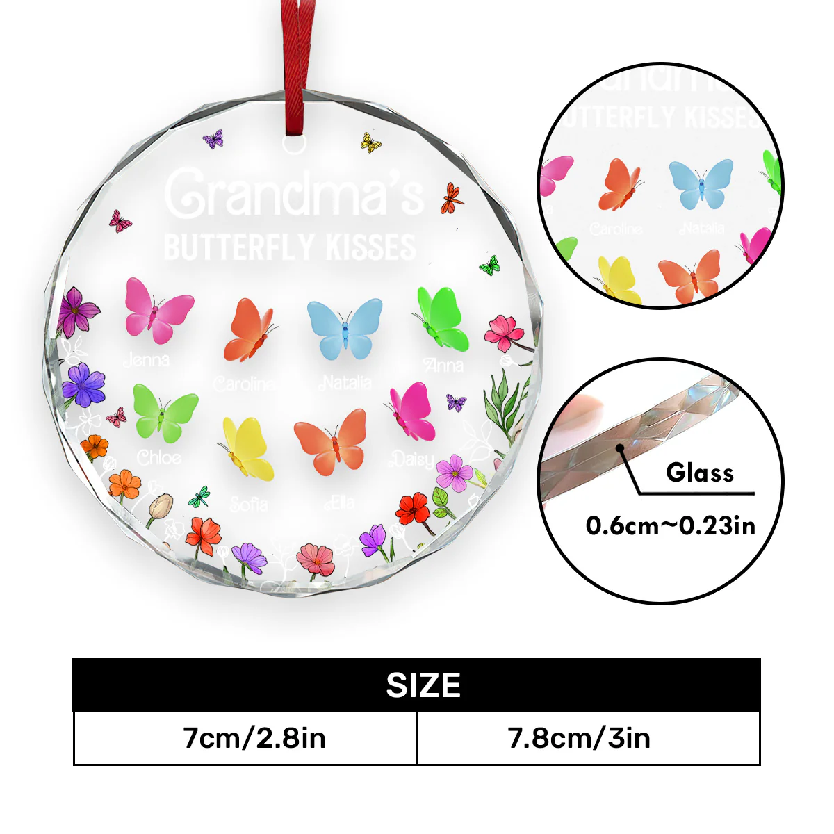 Grandma's Butterfly Kisses - Personalized Round Shaped Glass Ornament - Image 7