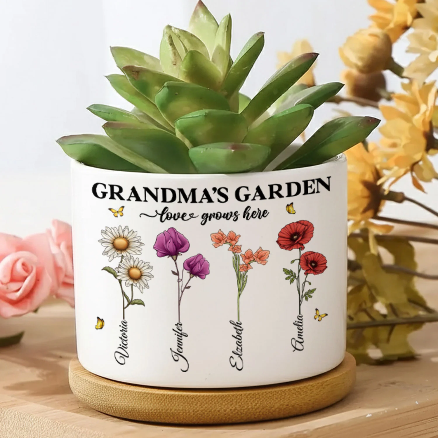Grandma's Garden Love Grows Here - Personalized Ceramic Plant Pot With Tray