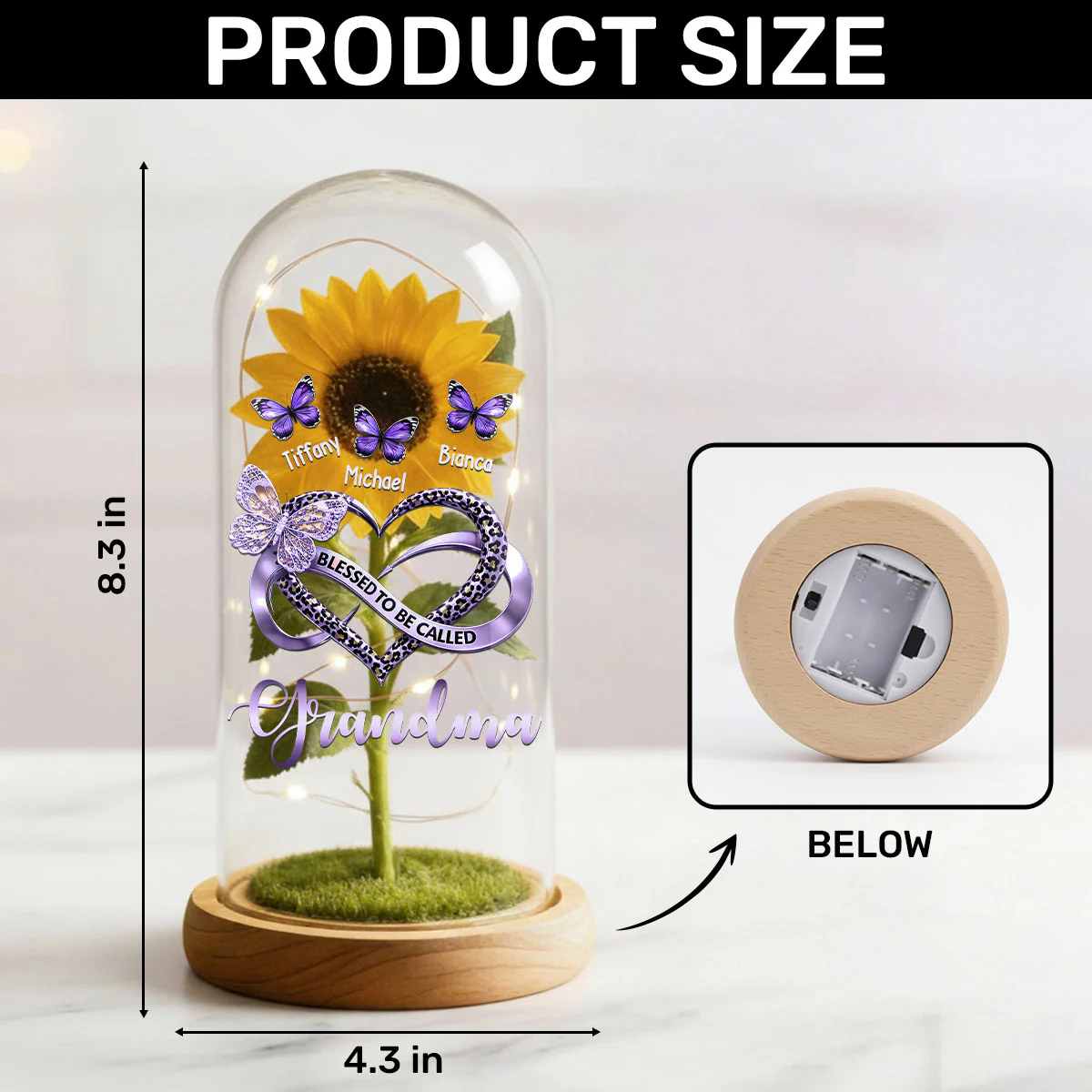 Grandma's Heart Butterflies - Personalized Sunflower Dome Lamp - Image 6