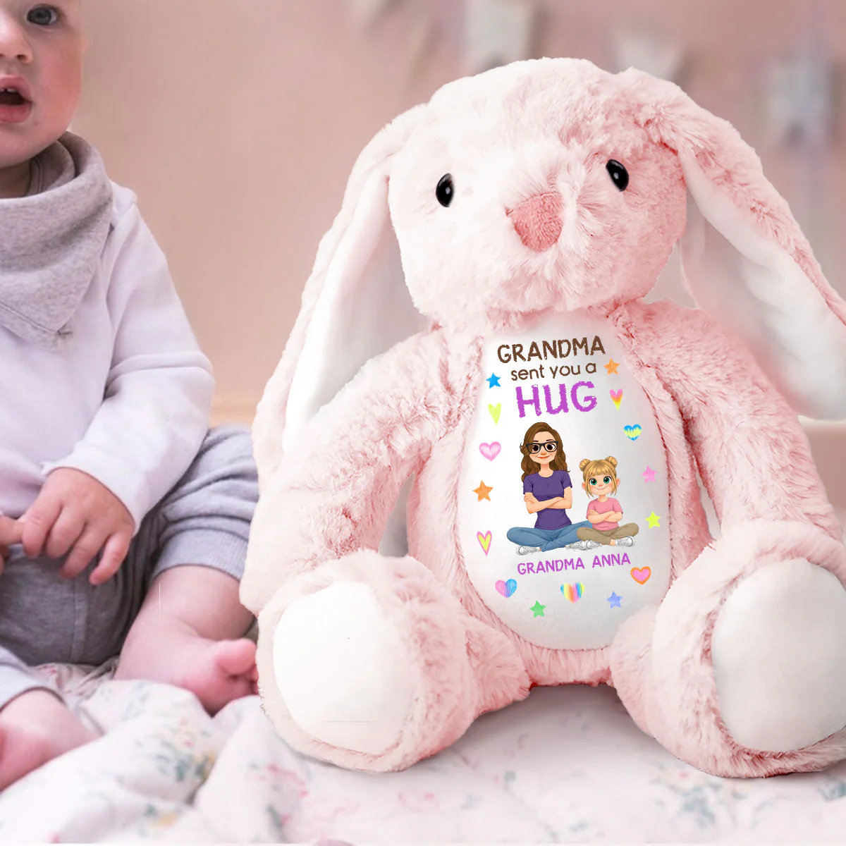 Grandma Sent You A Hug - Personalized Stuffed Bunny - Image 3