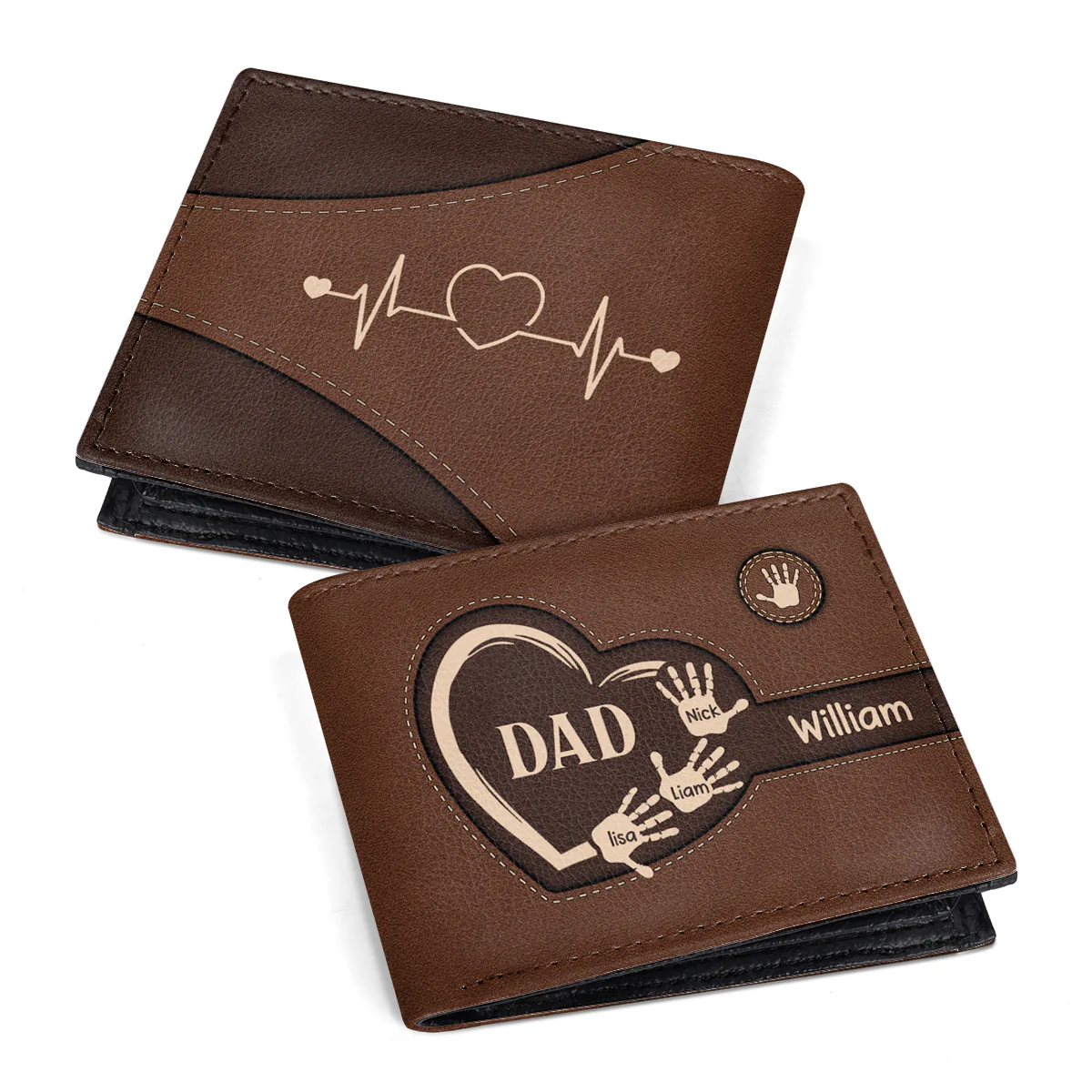 Grandpa And Grandkid's Handprints - Personalized Leather Folded Wallet