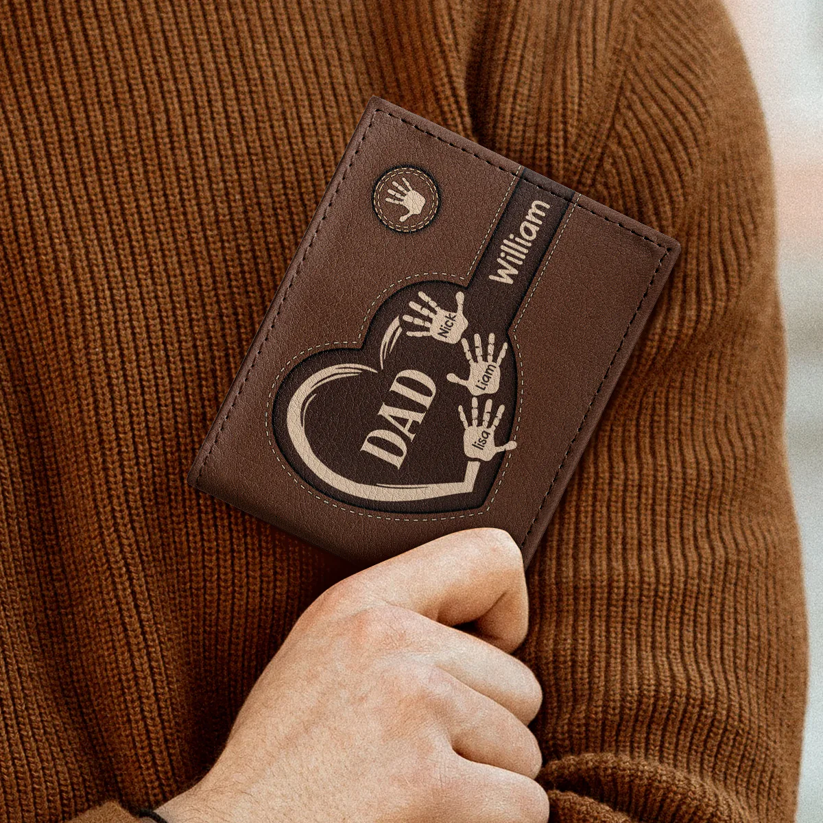 Grandpa And Grandkid's Handprints - Personalized Leather Folded Wallet - Image 3