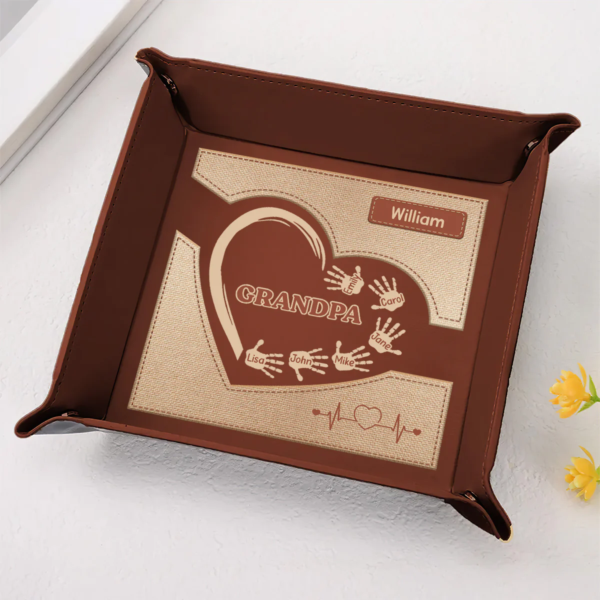 Grandpa Dad And Kids Handprints - Personalized Leather Valet Tray - Image 2