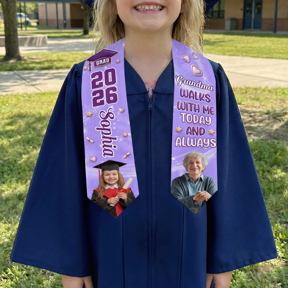 Grandpa Walks With Me Today And Always - Personalized Kid Graduation Stole
