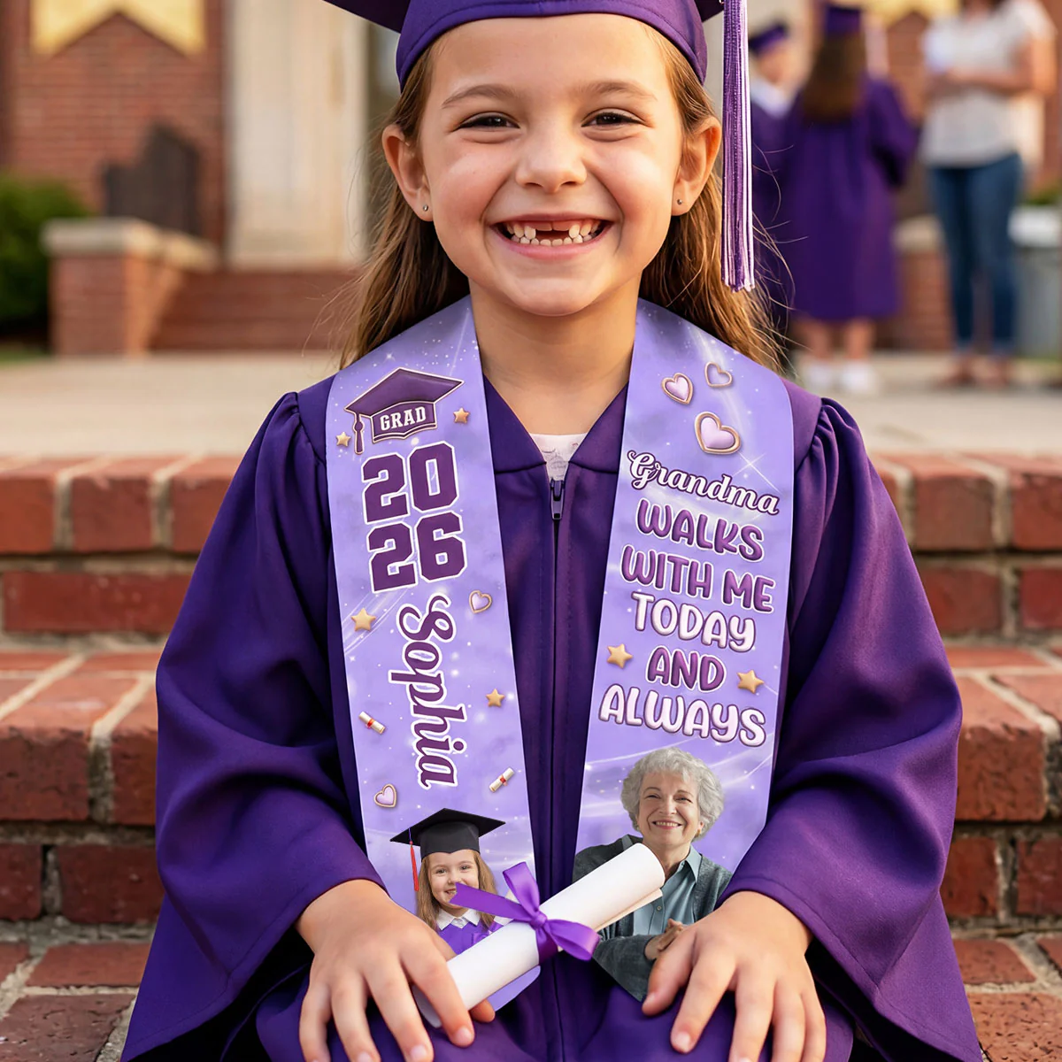 Grandpa Walks With Me Today And Always - Personalized Kid Graduation Stole - Image 3