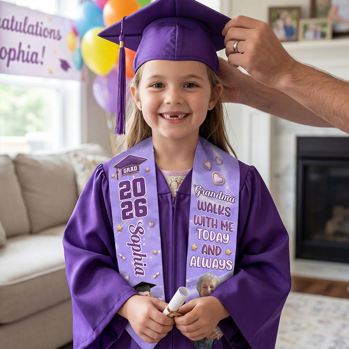 Grandpa Walks With Me Today And Always - Personalized Kid Graduation Stole - Image 4