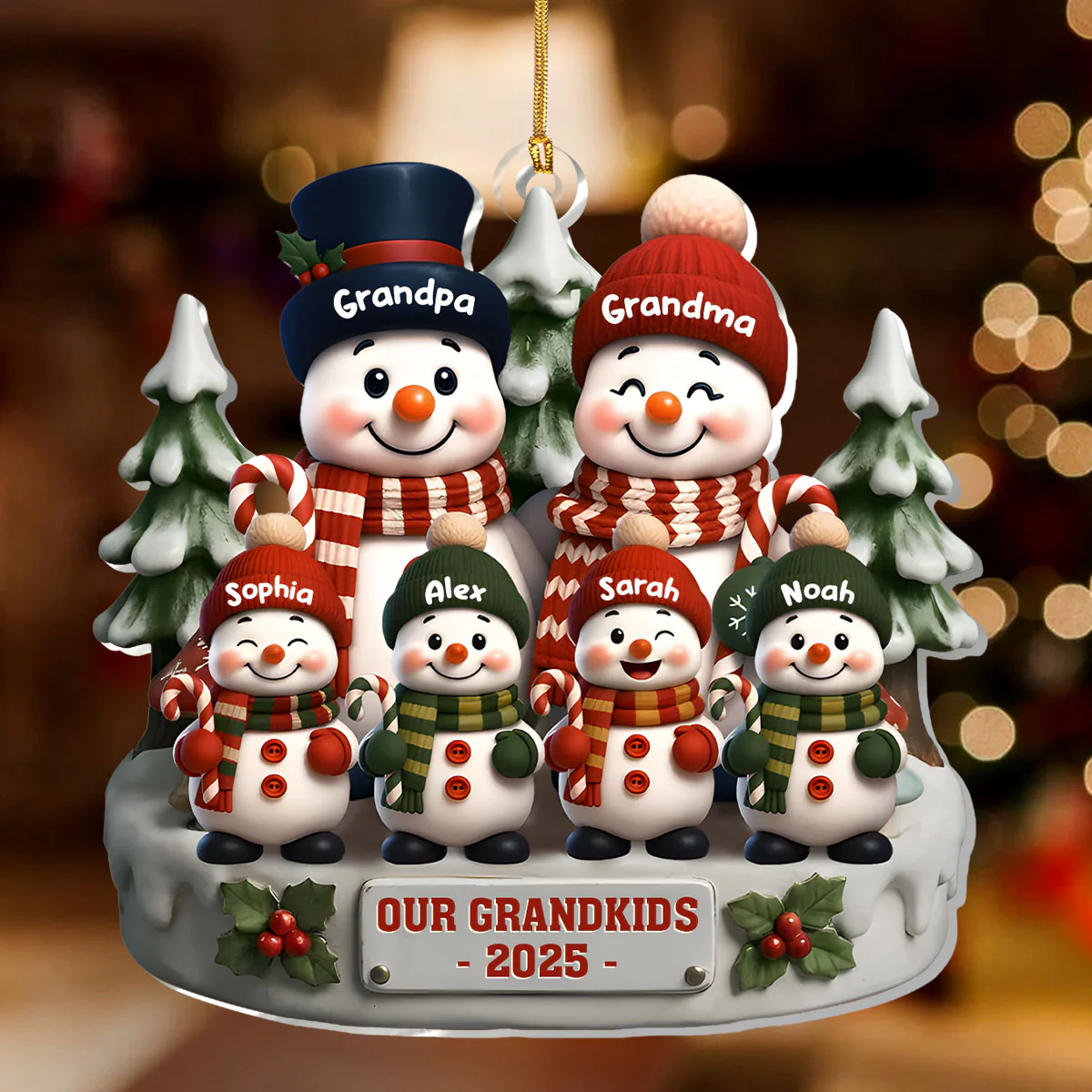 Grandparents and Grandkids Snow Family - Personalized 1-Layer Acrylic Ornament - Image 2