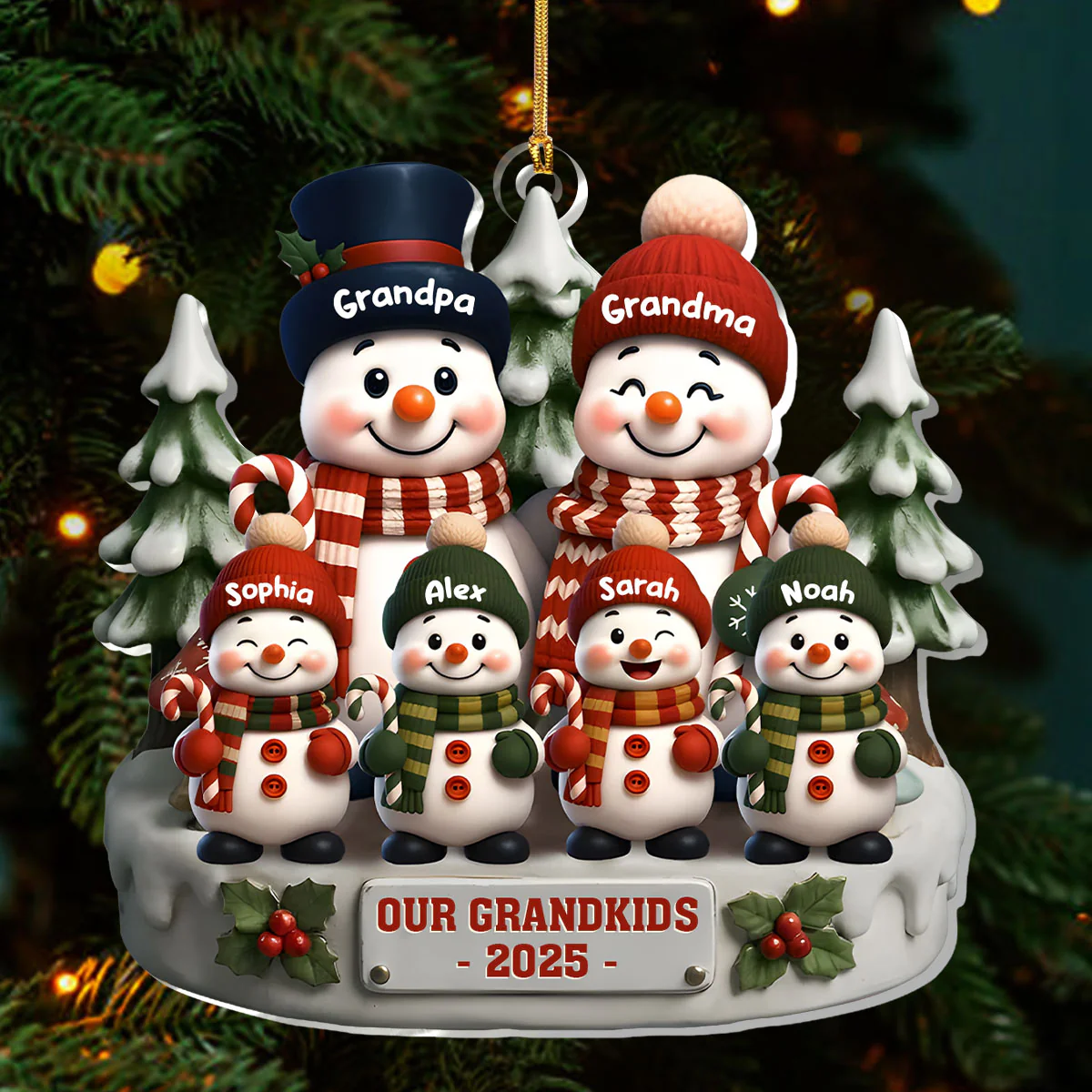 Grandparents and Grandkids Snow Family - Personalized 1-Layer Acrylic Ornament - Image 3