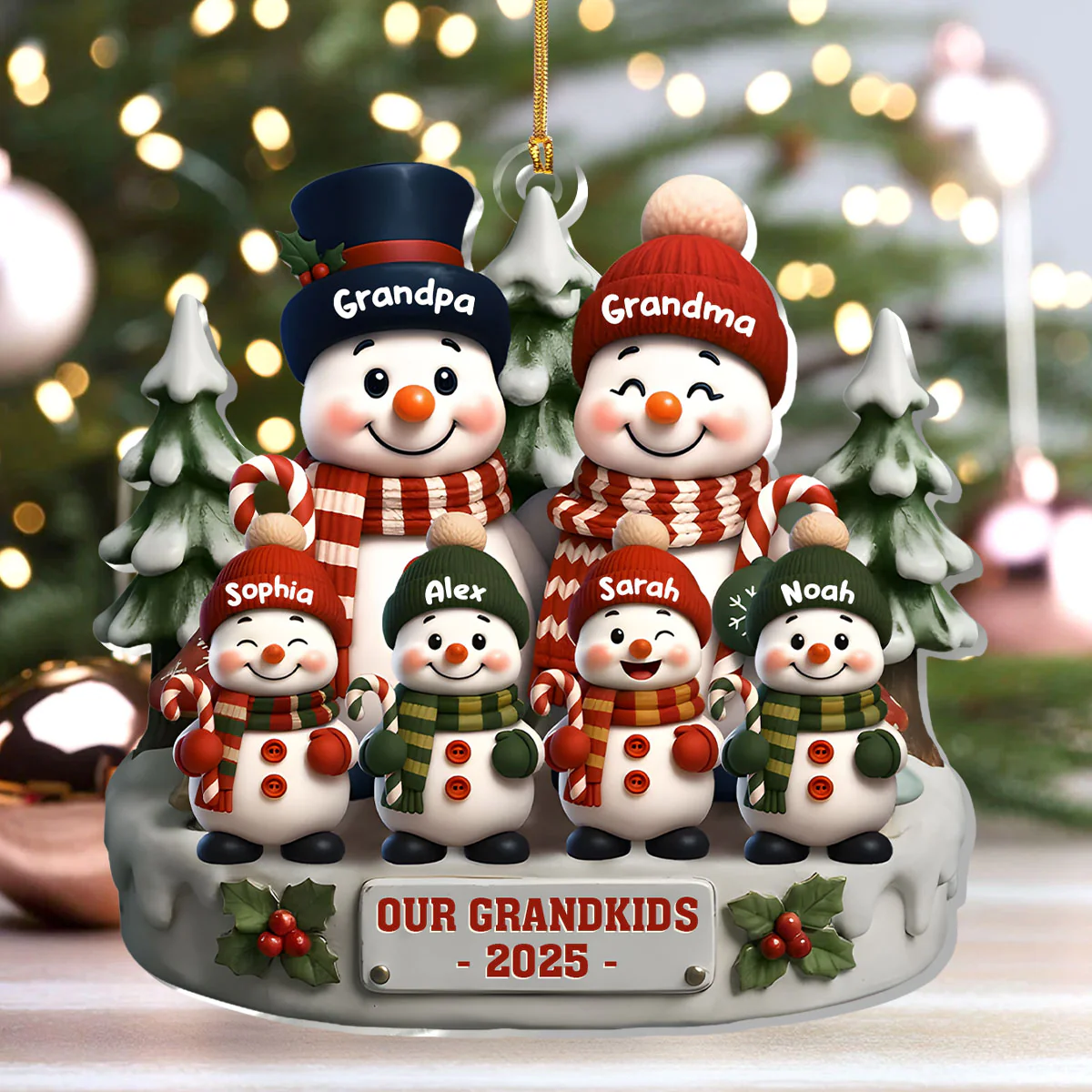 Grandparents and Grandkids Snow Family - Personalized 1-Layer Acrylic Ornament - Image 4