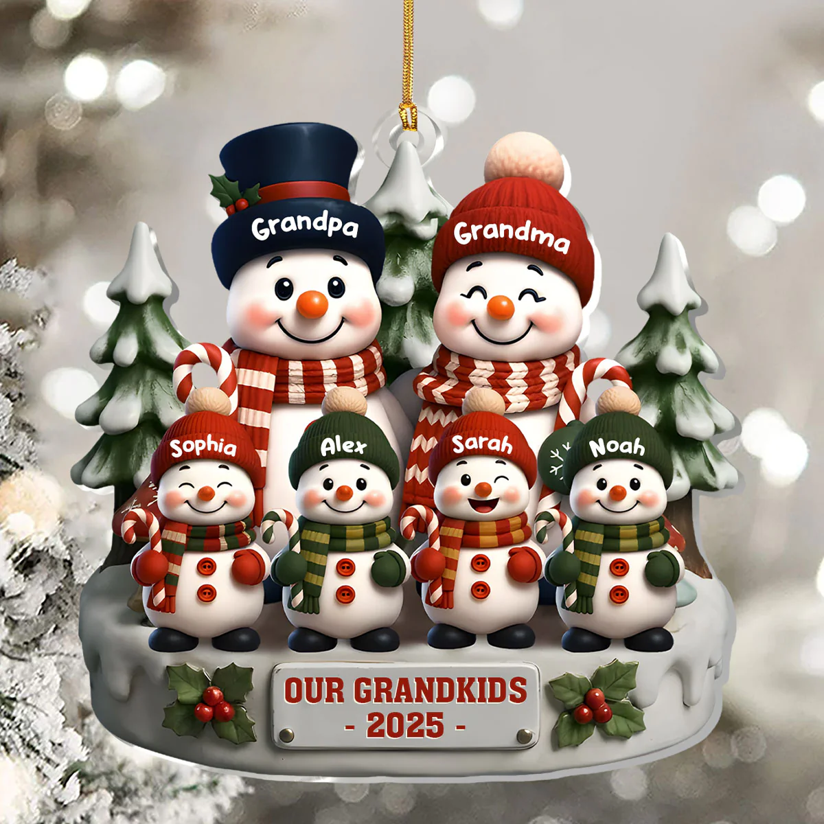 Grandparents and Grandkids Snow Family - Personalized 1-Layer Acrylic Ornament - Image 5