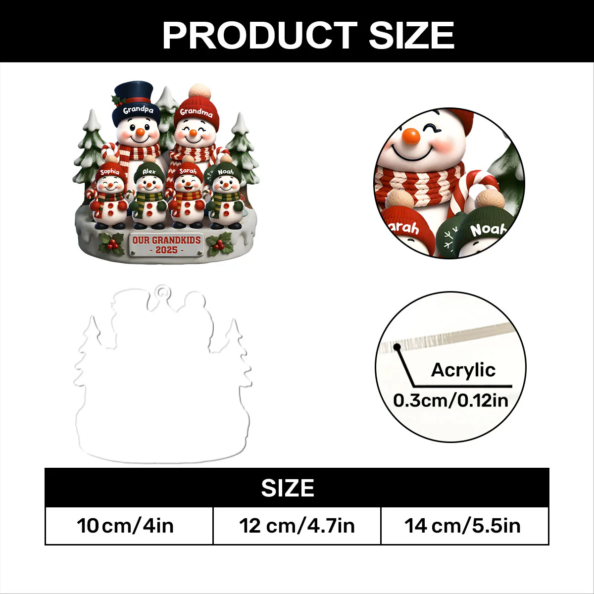 Grandparents and Grandkids Snow Family - Personalized 1-Layer Acrylic Ornament - Image 7