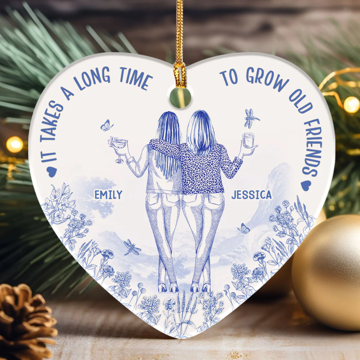 Grow Old Friends - Personalized Heart Shaped Ceramic Ornament - Image 3