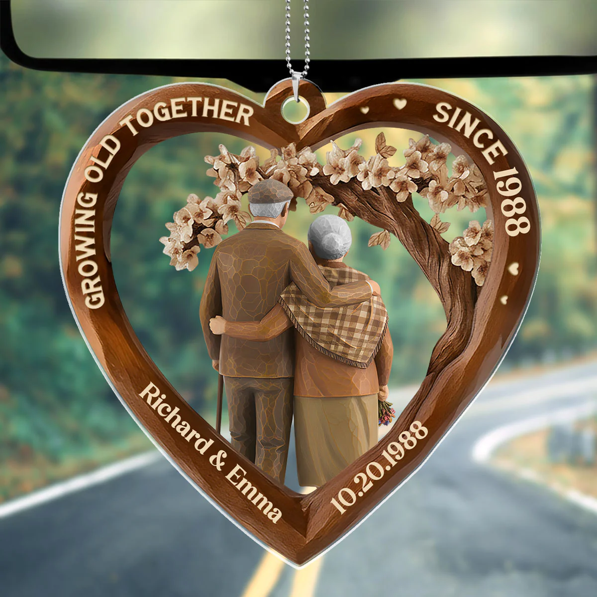 Growing Old Together Couple 3D Wooden Effect - Personalized Car Acrylic Hanging Ornament - Image 2