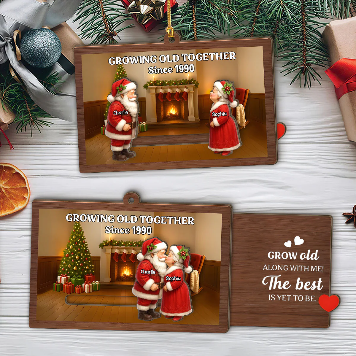 Growing Old Together With Santa and Mrs. Claus - Personalized Wooden Slider Ornament - Image 3